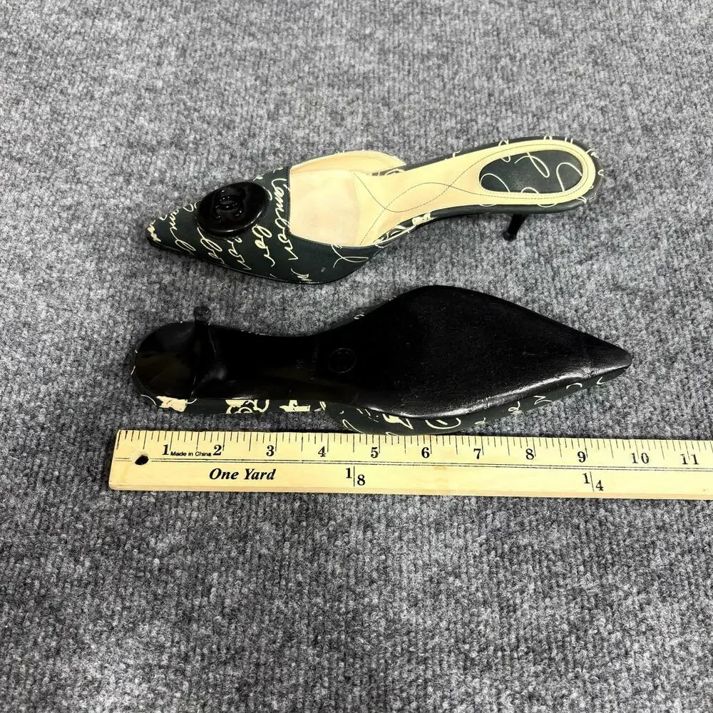 Vintage Chanel Shoes Womens 6 EU 36 Black Cruise Script Print Kitten Heel Mules